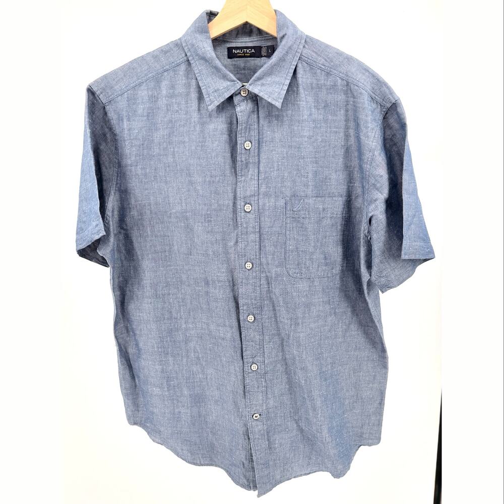 Nautica Blue Ramie Cotton Blend Short Sleeve Button Down Shirt